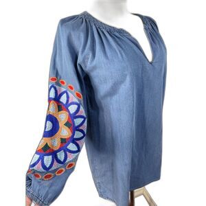 Sorrento Embroidered Sleeve Chambray Peasant Top Blouse Small Denim Blue Artisan